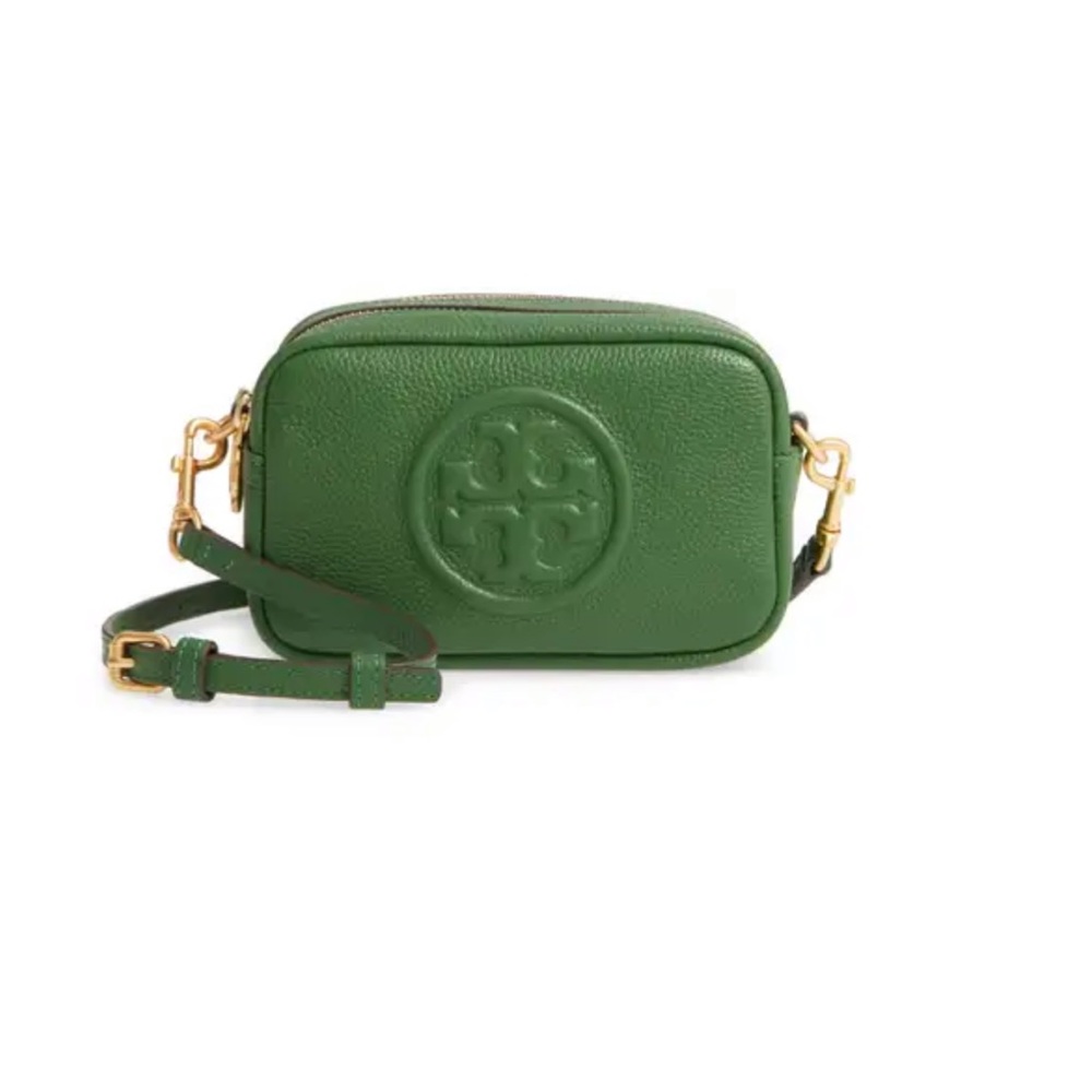 Tory Burch Green Pebbled Leather Crossbody Camera Bag with Gold Hardware